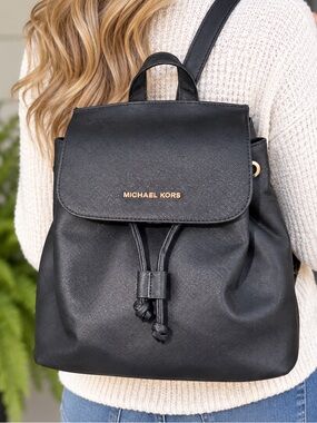 Michael Kors Phoebe Medium Black Flap Drawstring Backpack Gold Hardware